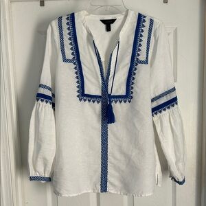 J. Crew White Linen Tunic with Royal Blue Embroidery